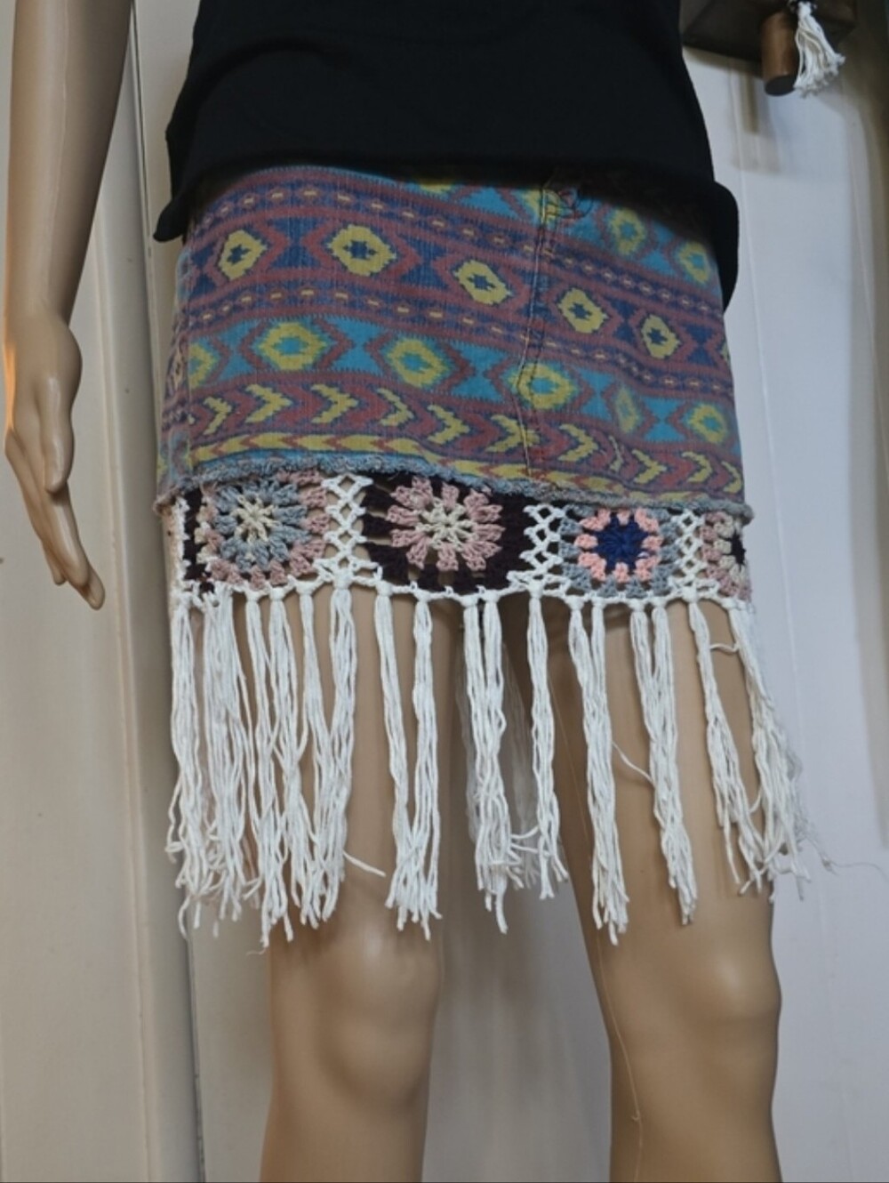 Upcycled Boho Tribal Print Fringe Mini Skirt - Multicolor